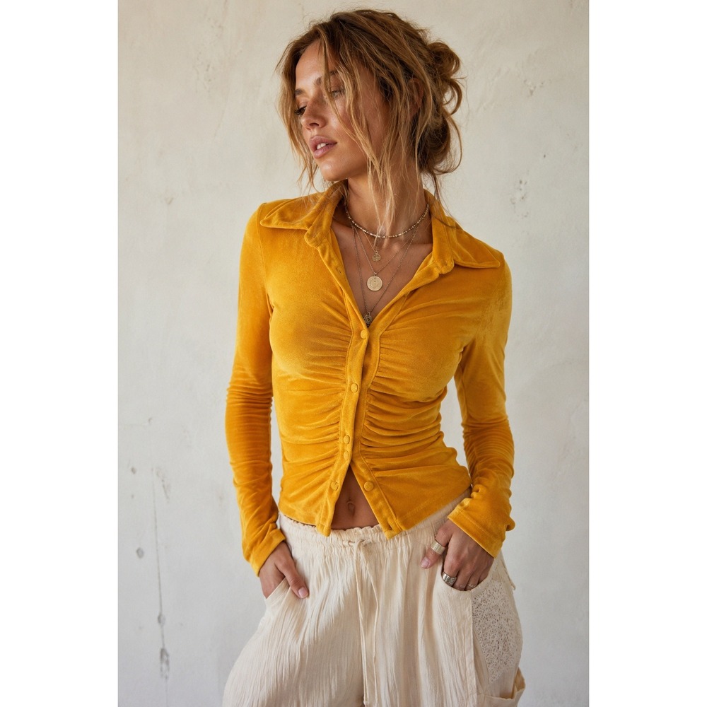 SABO Mustard Gold Ruched Button Front Top XS Y2K Glam 70s Revival Indie Retro